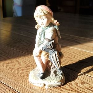 Lefton china, antique figurine, girl on stump.